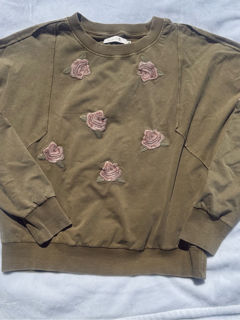 Olive Green Crewneck Sweater with Pink Rose Embroidery